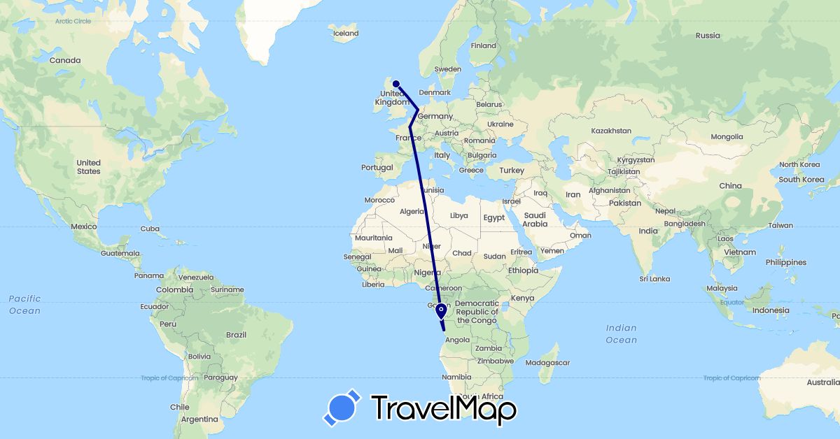 TravelMap itinerary: driving in Angola, France, United Kingdom, Netherlands (Africa, Europe)